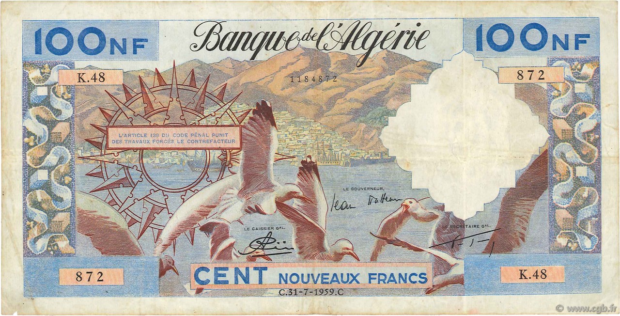 100 Nouveaux Francs ALGERIA  1959 P.121a VF