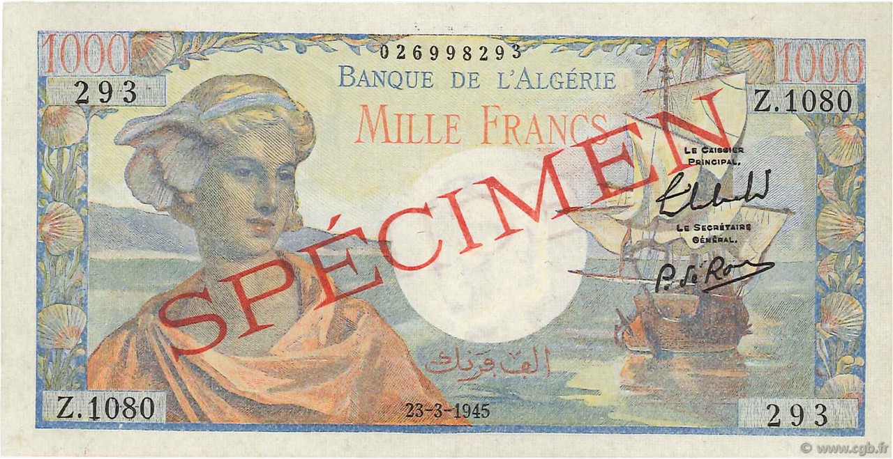 1000 Francs réserve Spécimen ALGERIA  1945 P.096s UNC