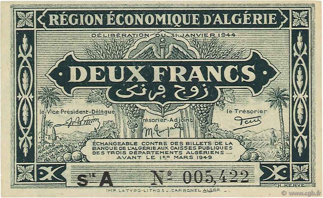 2 Francs ALGERIA  1944 P.099a q.FDC