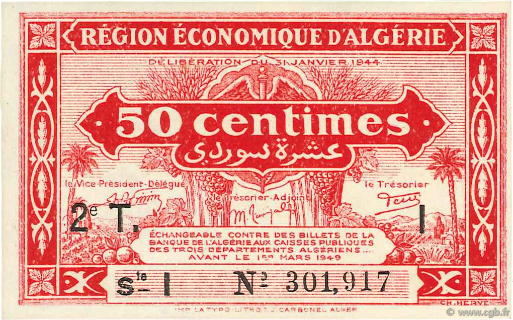 50 Centimes ALGERIEN  1944 P.100 fST+