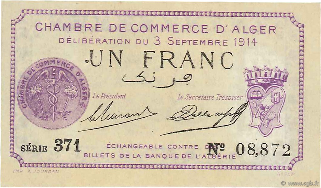 1 Franc ALGERIA Alger 1914 JP.137.01 SPL