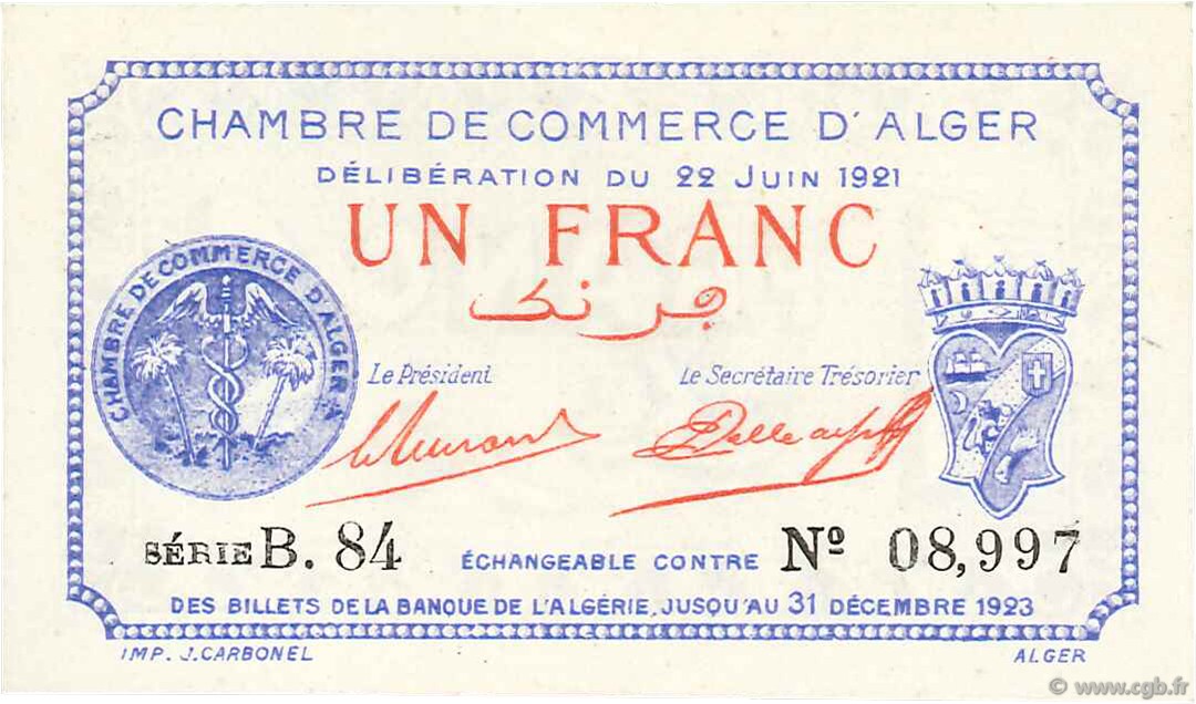 1 Franc ALGERIEN Alger 1921 JP.137.18 ST