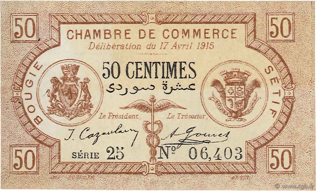 50 Centimes ALGERIA Bougie - Sétif 1915 JP.139.01 XF+