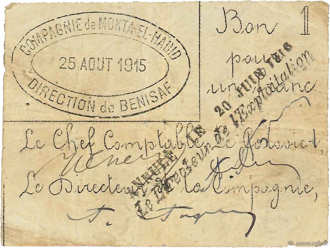 1 Franc ALGERIA Bénisaf 1915 JPCV.12 q.BB