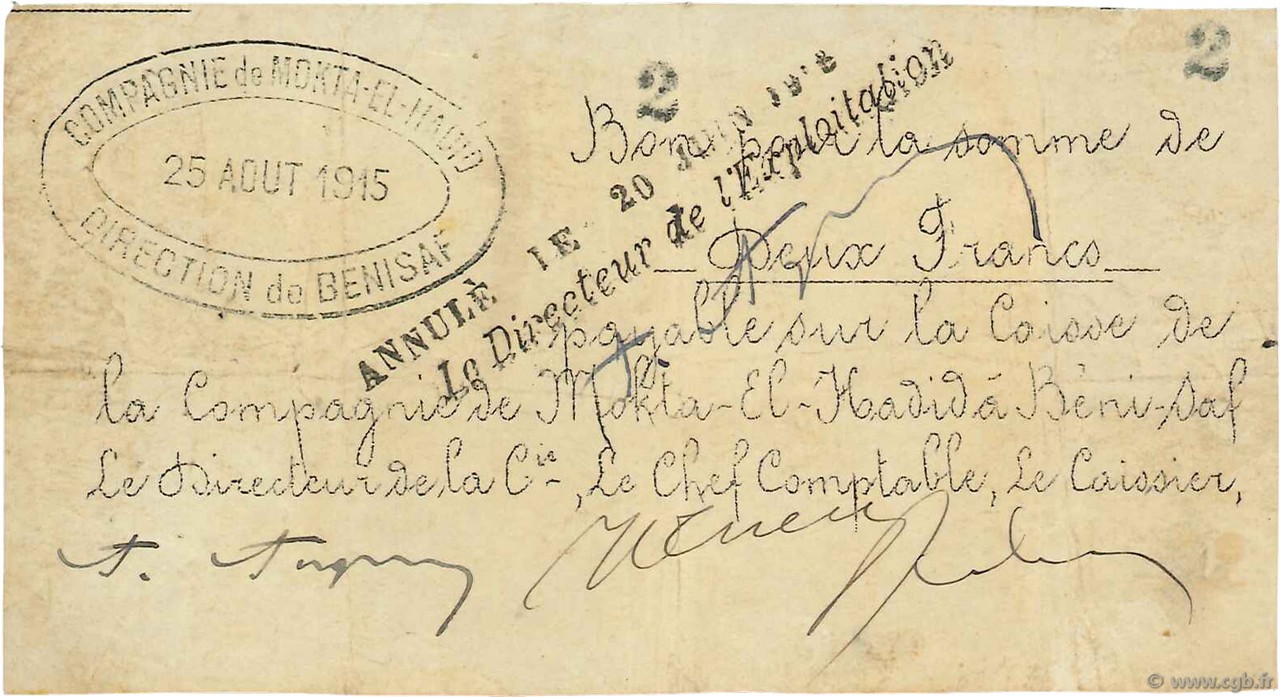 2 Francs ALGERIA Bénisaf 1915 JPCV.13 F+