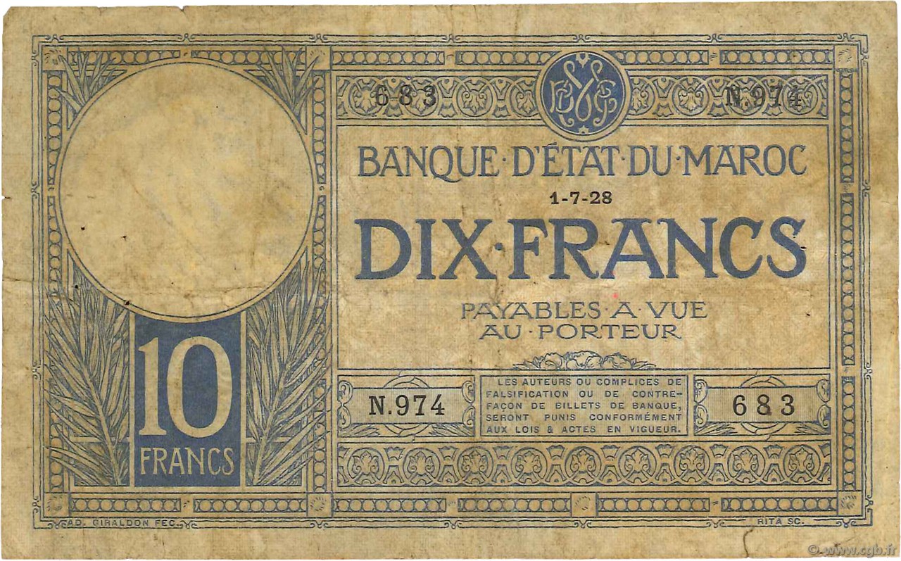 10 Francs MAROCCO  1928 P.11b q.MB