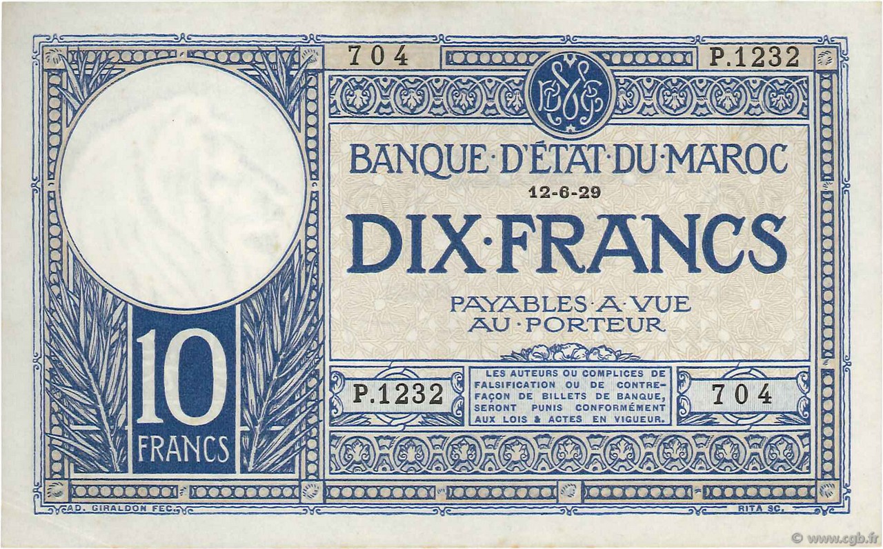 10 Francs MOROCCO  1929 P.17a XF+