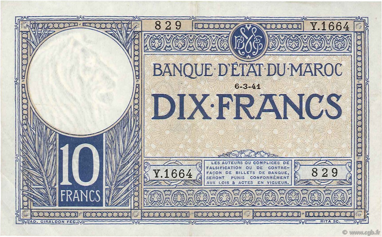 10 Francs MAROCCO  1941 P.17b SPL