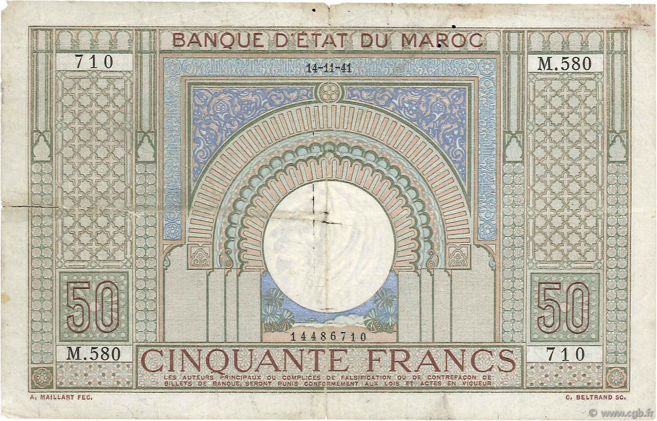 50 Francs MAROCCO  1941 P.21 q.BB