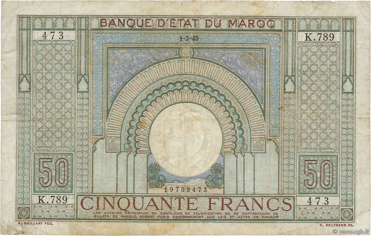50 Francs MOROCCO  1945 P.21 F+
