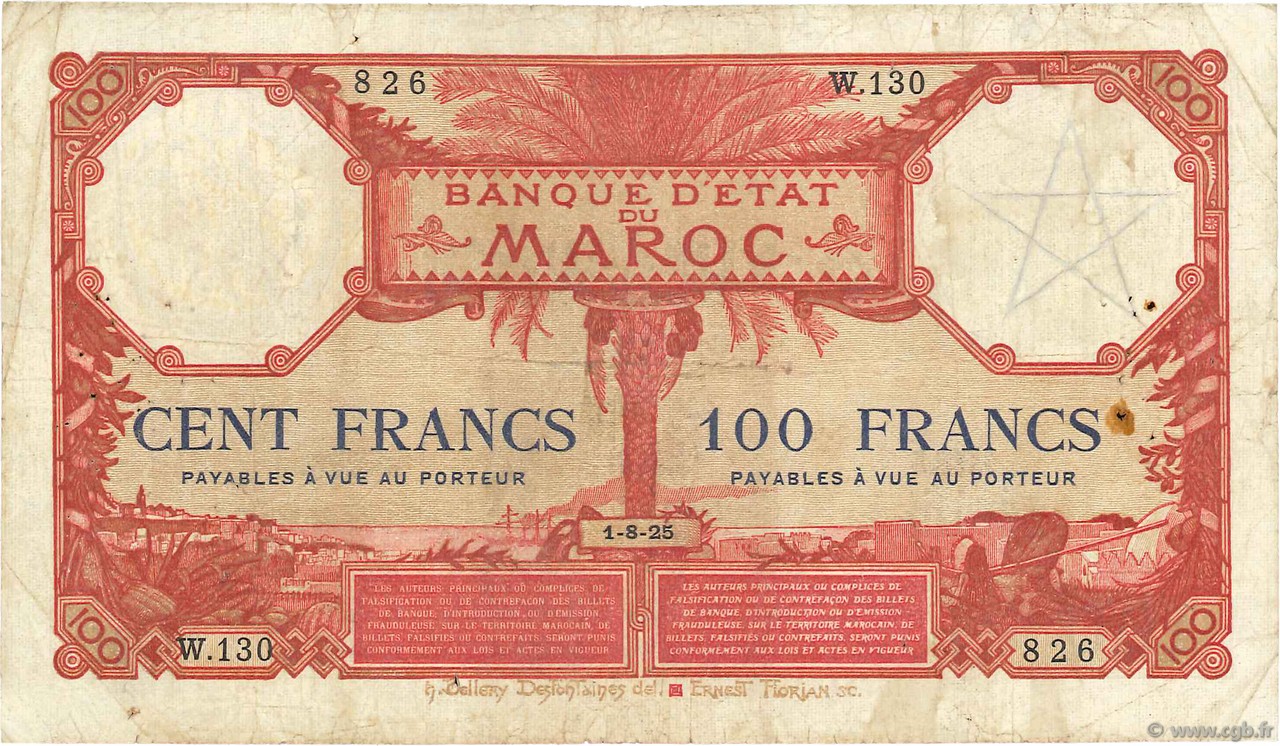 100 Francs MARUECOS  1925 P.14 RC+