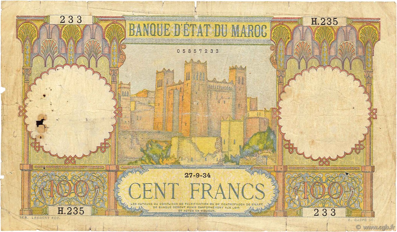 100 Francs MAROKKO  1934 P.20 SGE