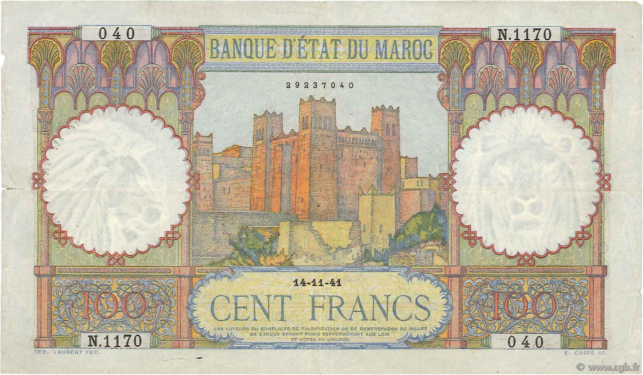 100 Francs MAROKKO  1941 P.20 SS