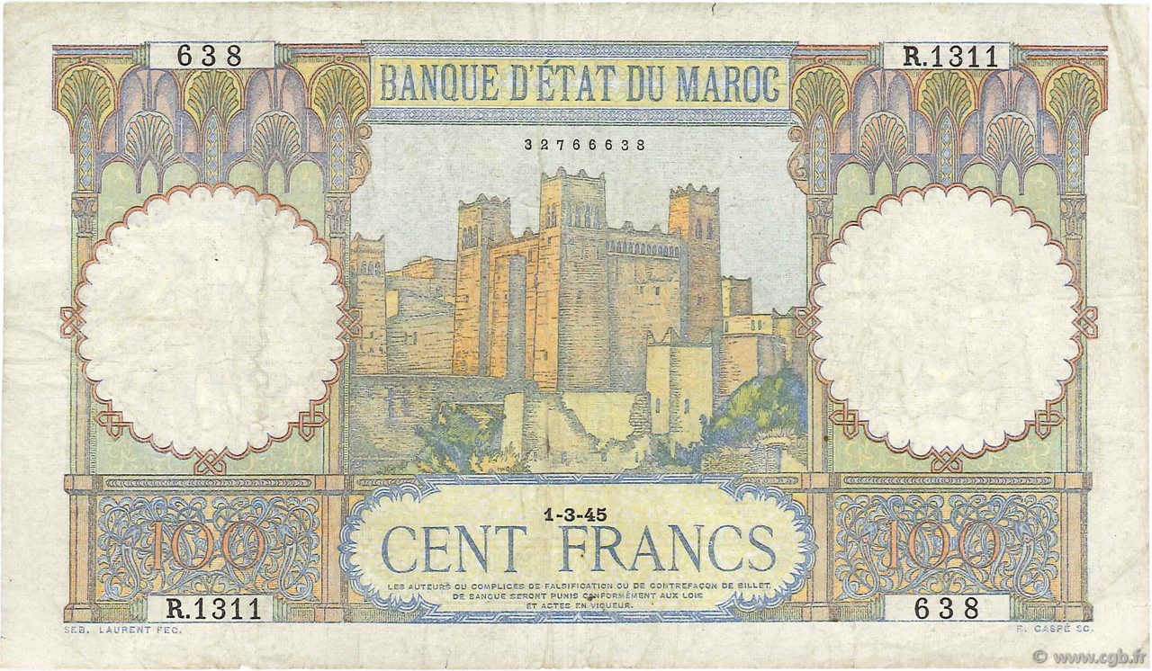 100 Francs MAROKKO  1945 P.20 SS