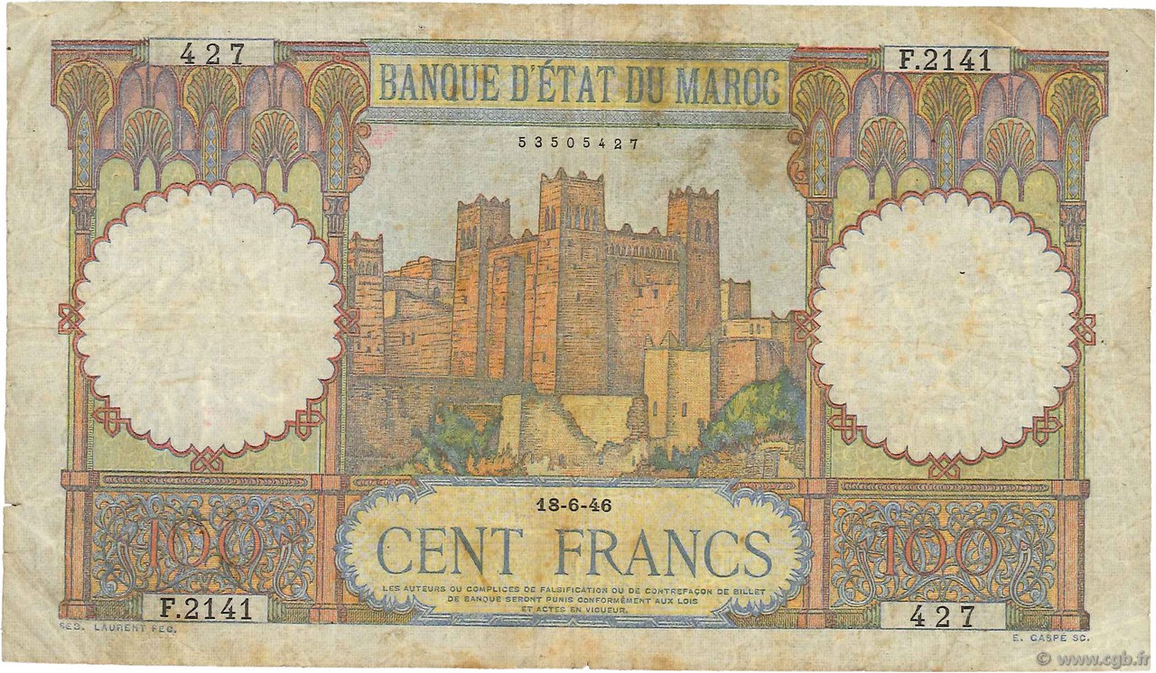 100 Francs MAROCCO  1946 P.20 MB