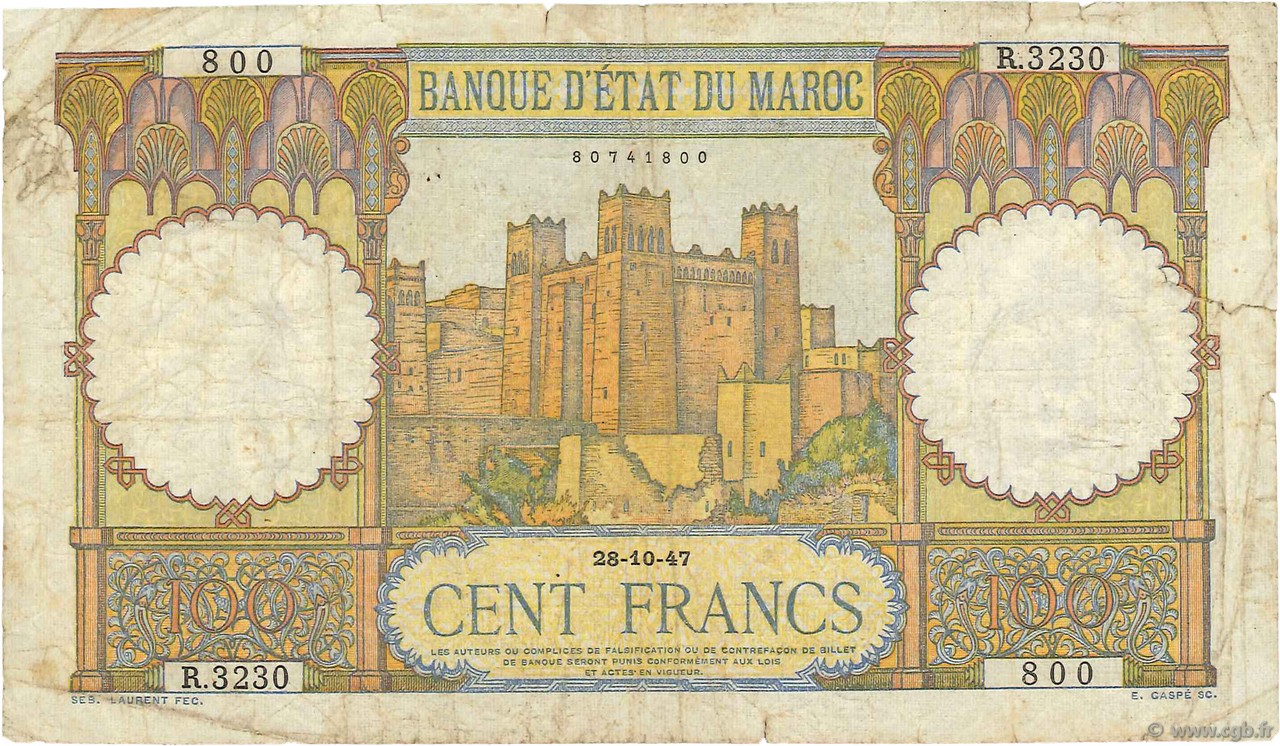 100 Francs MAROKKO  1947 P.20 SGE