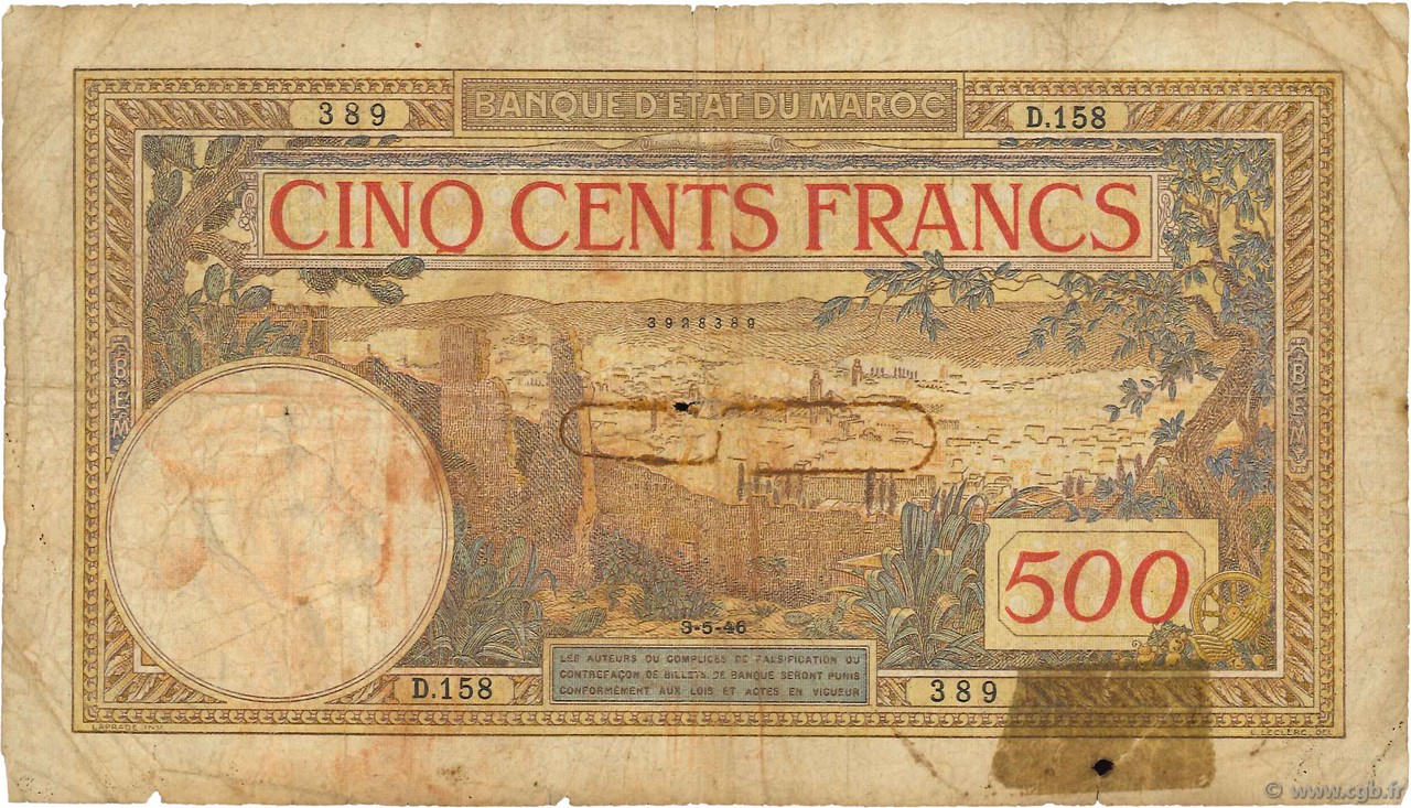 500 Francs MAROCCO  1946 P.15b B