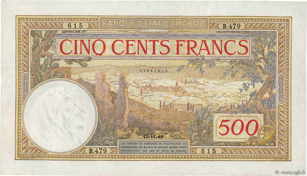 500 Francs MAROCCO  1948 P.15b q.SPL