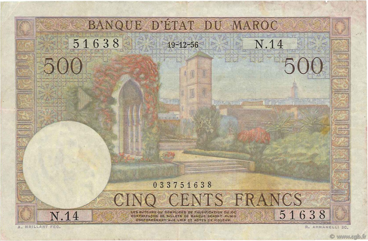 500 Francs MAROCCO  1956 P.46 BB