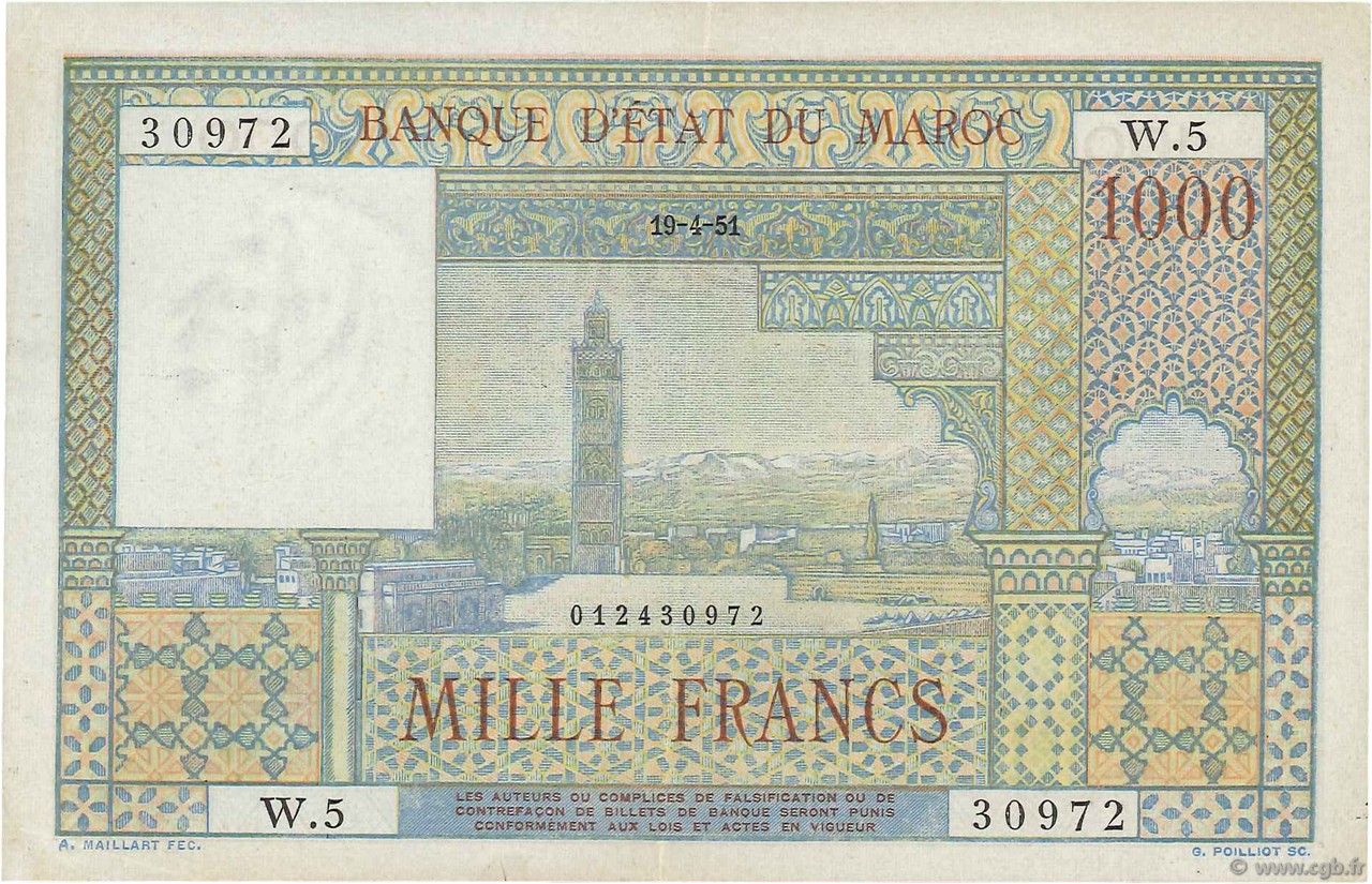 1000 Francs MOROCCO  1951 P.47 XF