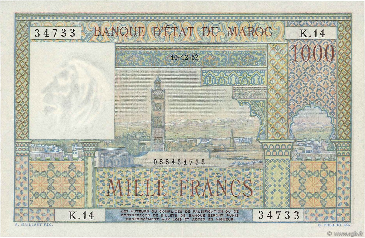 1000 Francs MAROKKO  1952 P.47 VZ to fST