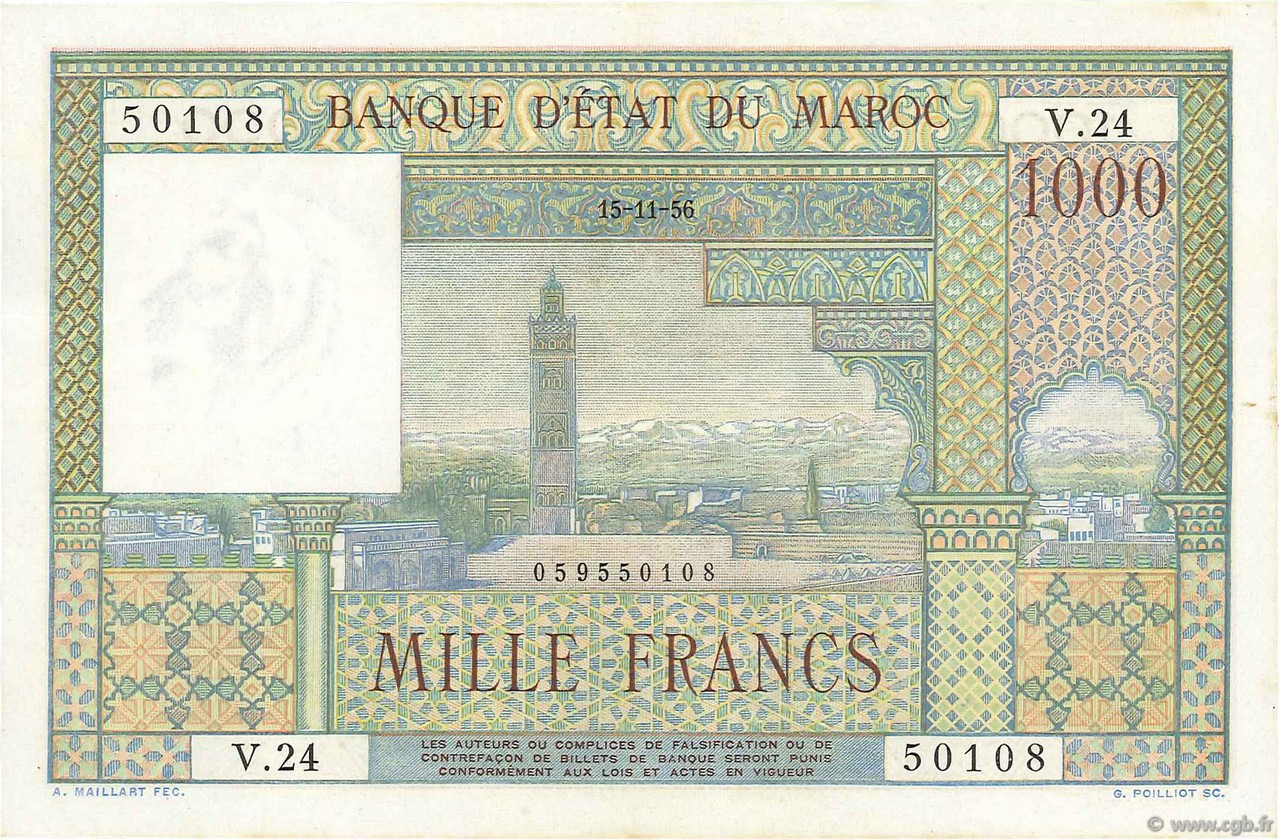 1000 Francs MOROCCO  1956 P.47 XF