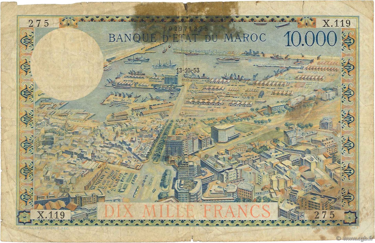 10000 Francs MARUECOS  1953 P.50 MC