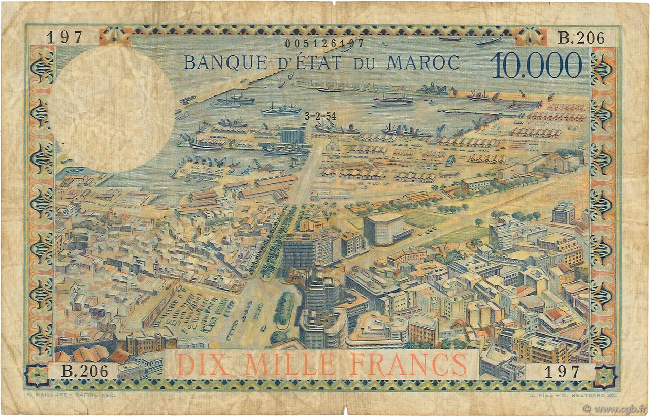 10000 Francs MAROCCO  1954 P.50 q.MB