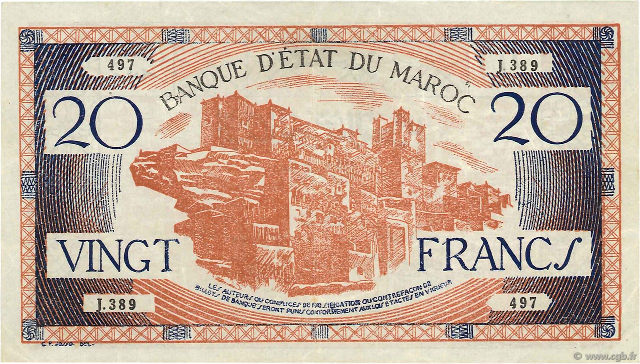 20 Francs MAROKKO  1943 P.39 fVZ