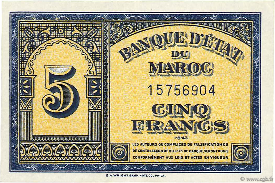 5 Francs MAROKKO  1943 P.24 fST