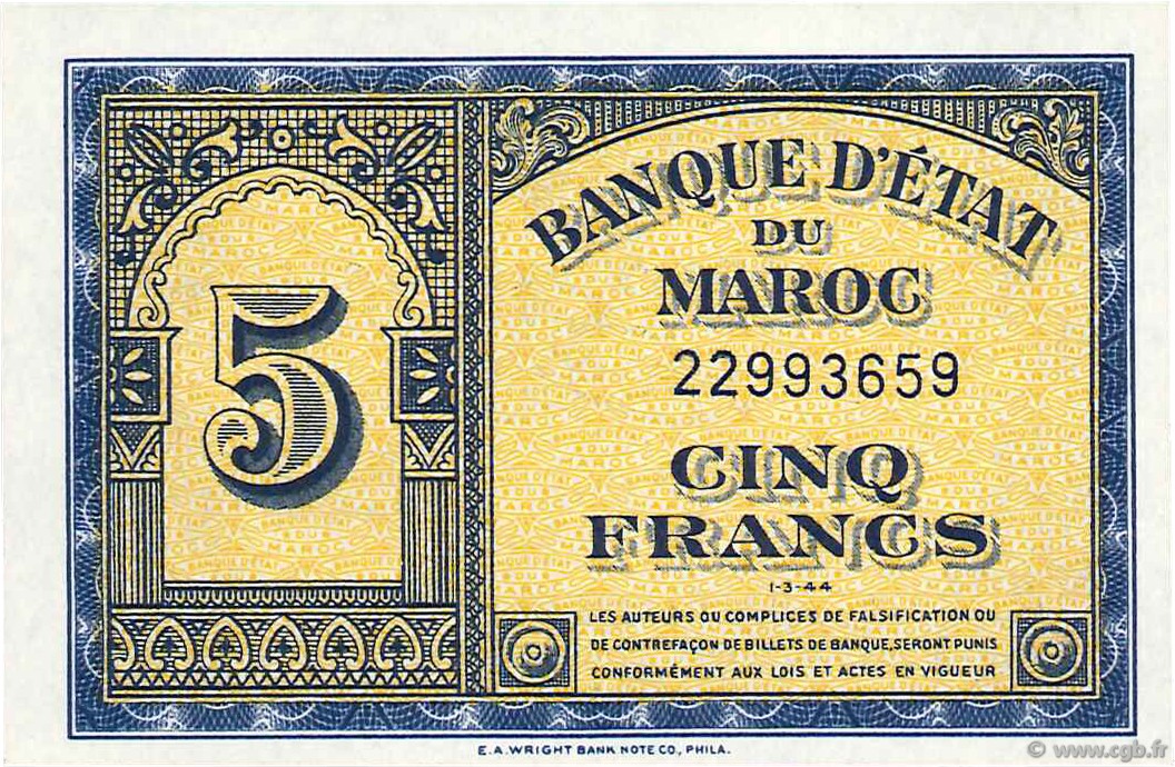 5 Francs MOROCCO  1944 P.24 UNC-