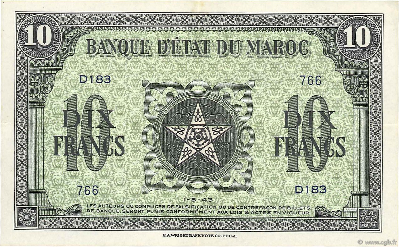 10 Francs MOROCCO  1943 P.25a XF-