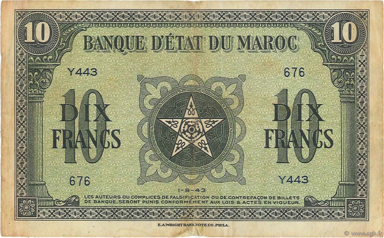 10 Francs MOROCCO  1943 P.25a VF