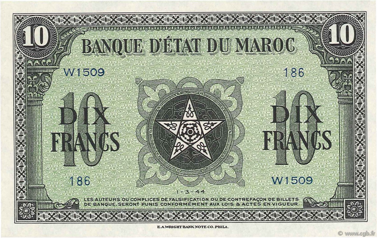 10 Francs MAROKKO  1944 P.25a ST