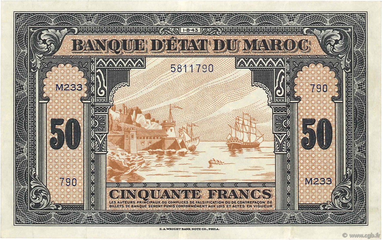 50 Francs MAROKKO  1943 P.26a fVZ