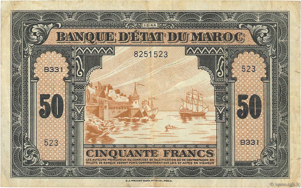 50 Francs MAROCCO  1944 P.26b BB