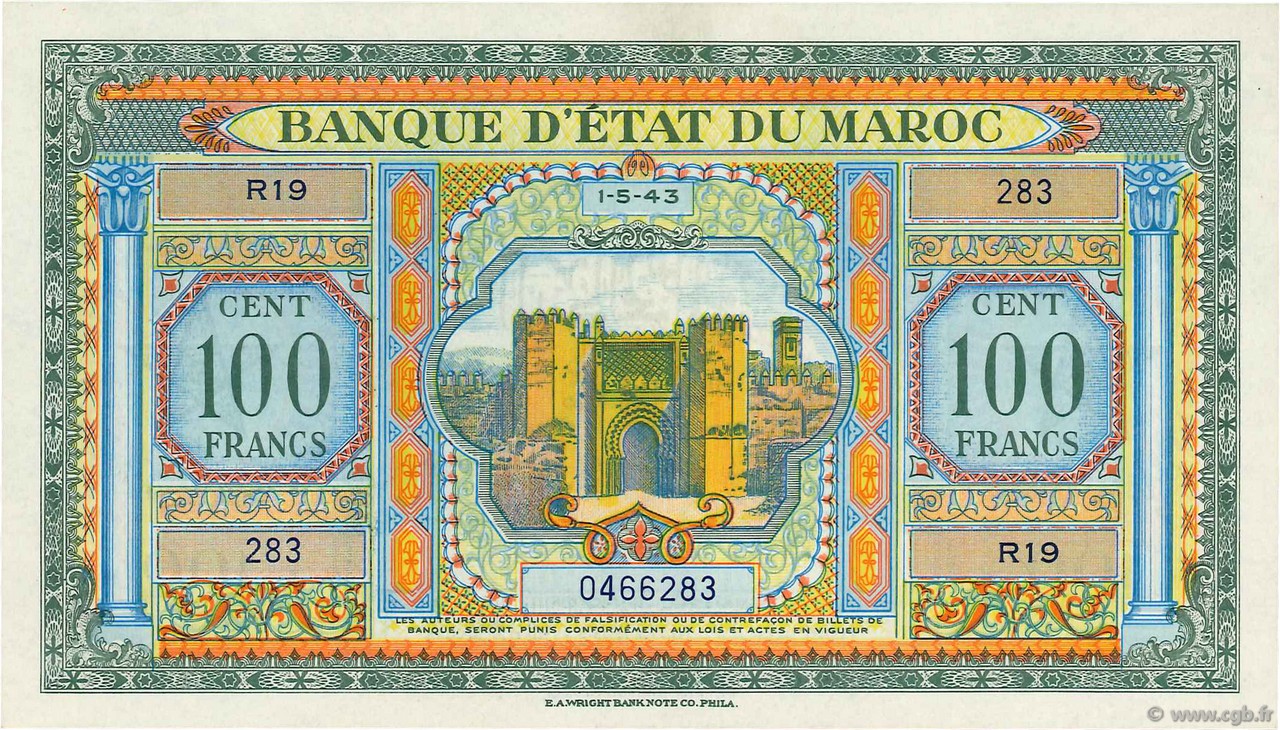 100 Francs MAROCCO  1943 P.27a AU