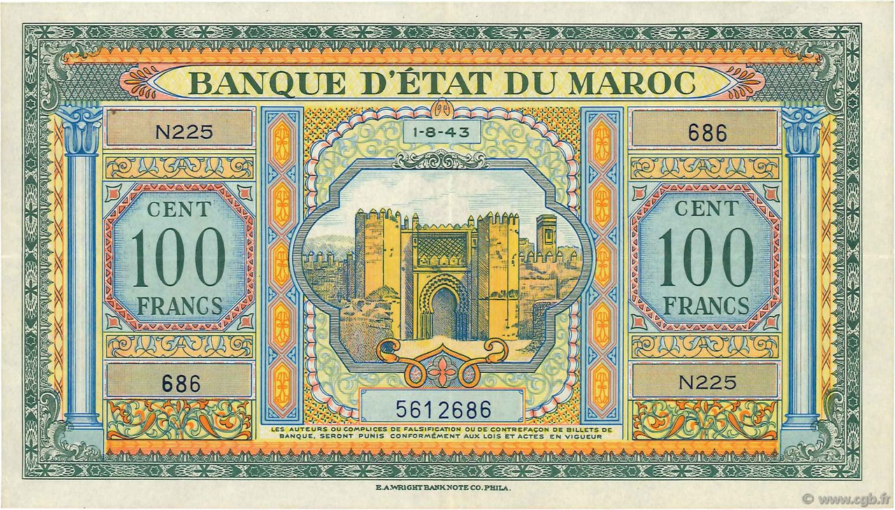 100 Francs MAROCCO  1943 P.27a q.SPL