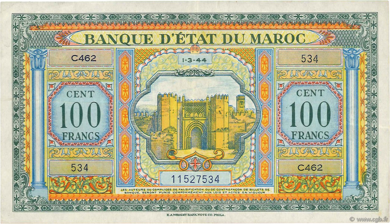 100 Francs MAROKKO  1944 P.27a fVZ