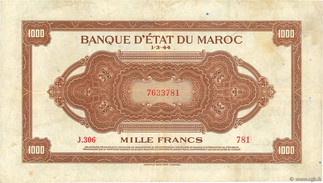 1000 Francs MOROCCO  1944 P.28a VF