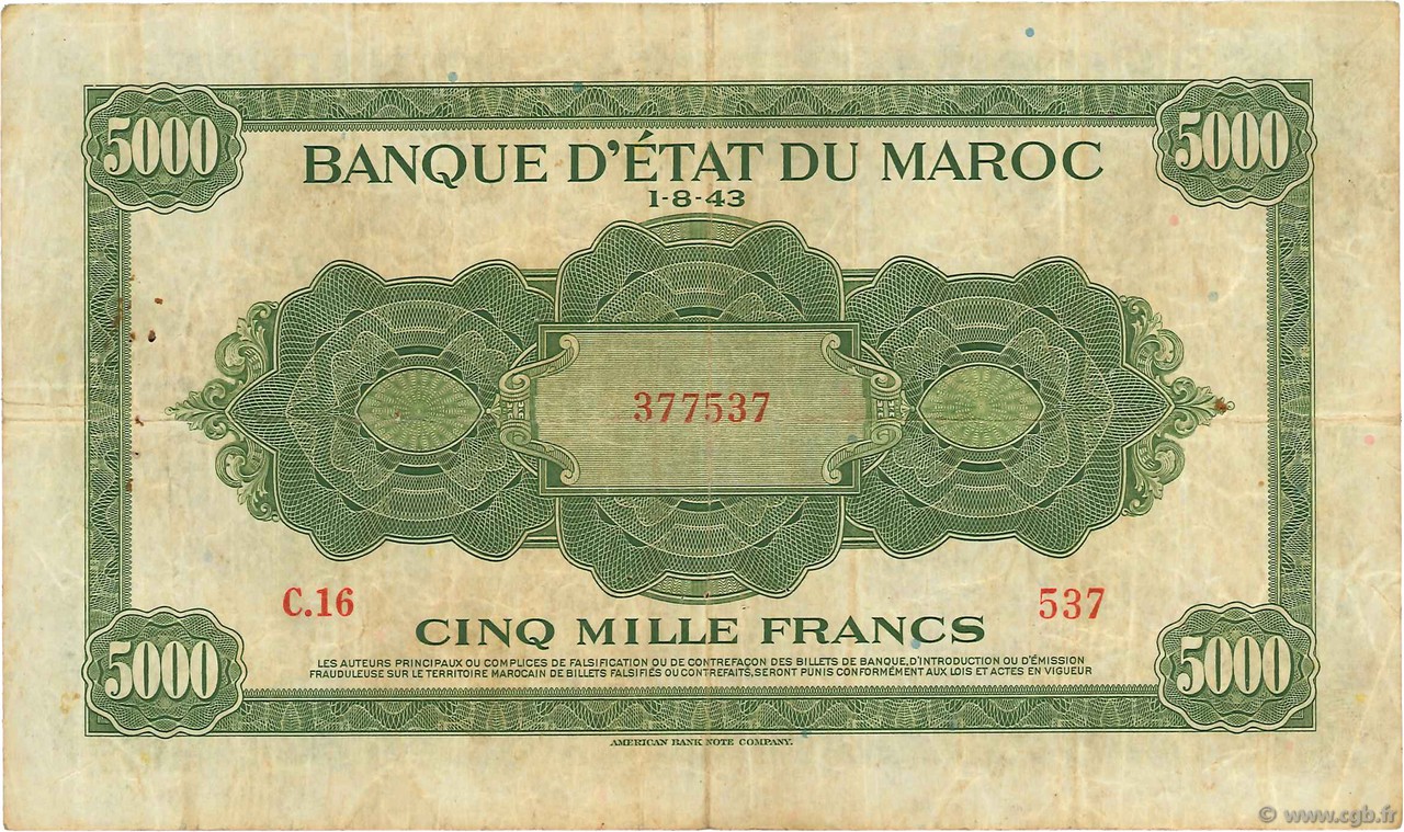 5000 Francs MOROCCO  1943 P.32a VF-