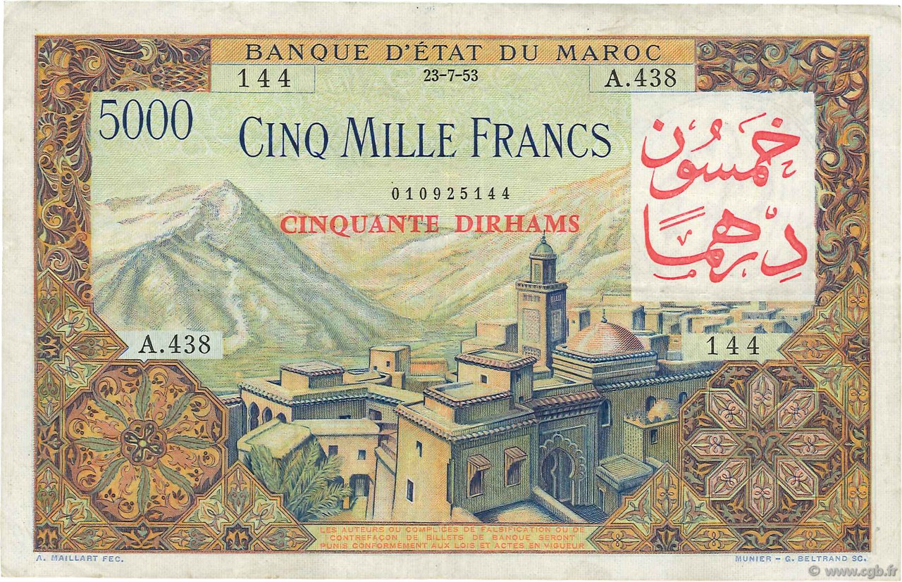 50 Dirhams sur 5000 Francs MARUECOS  1953 P.51 MBC