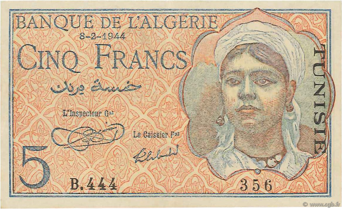 5 Francs TUNESIEN  1944 P.15 VZ+