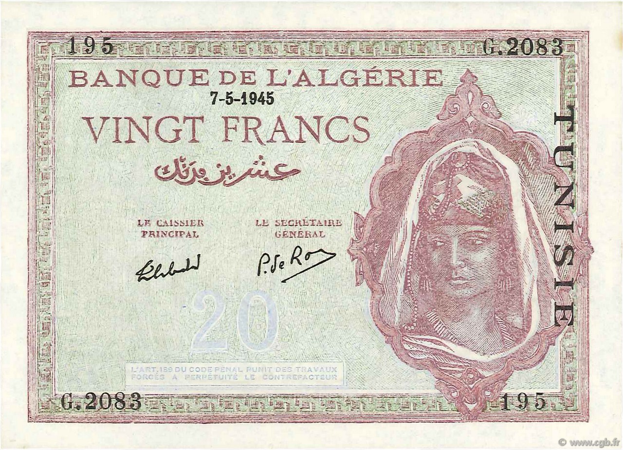 20 Francs TUNISIA  1945 P.18 q.FDC
