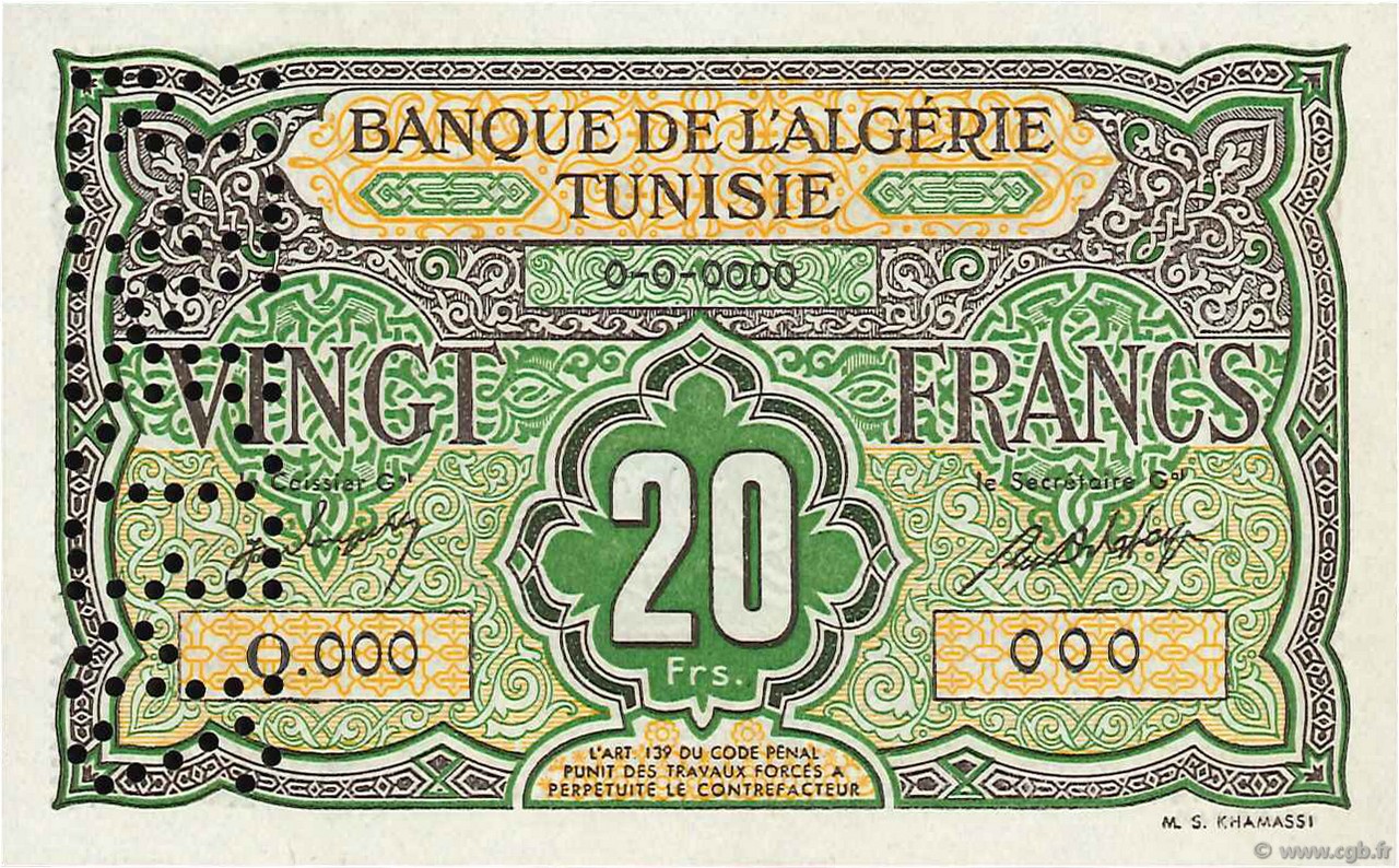 20 Francs Spécimen TúNEZ  1948 P.22s FDC