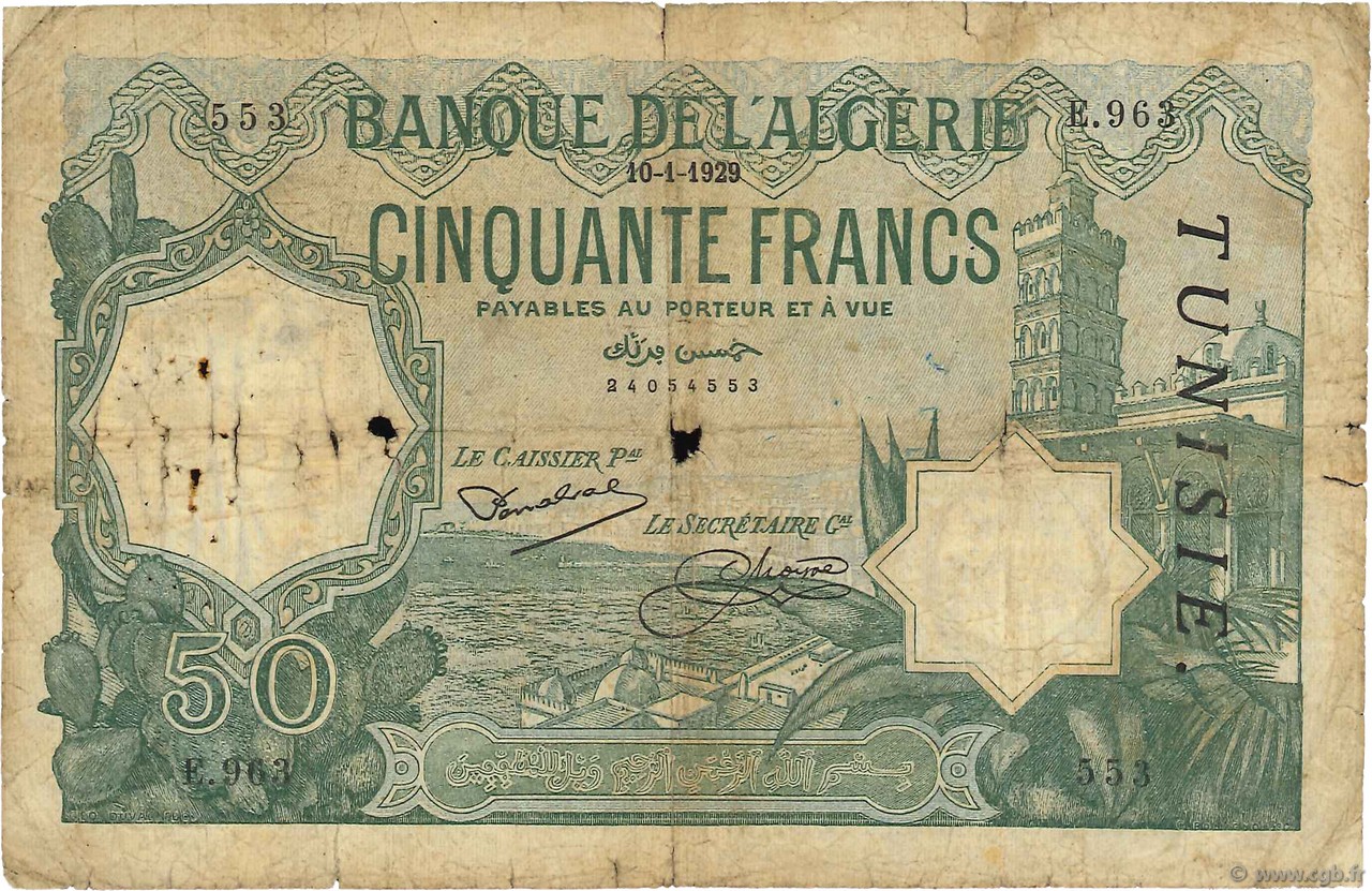 50 Francs TúNEZ  1929 P.09 MC