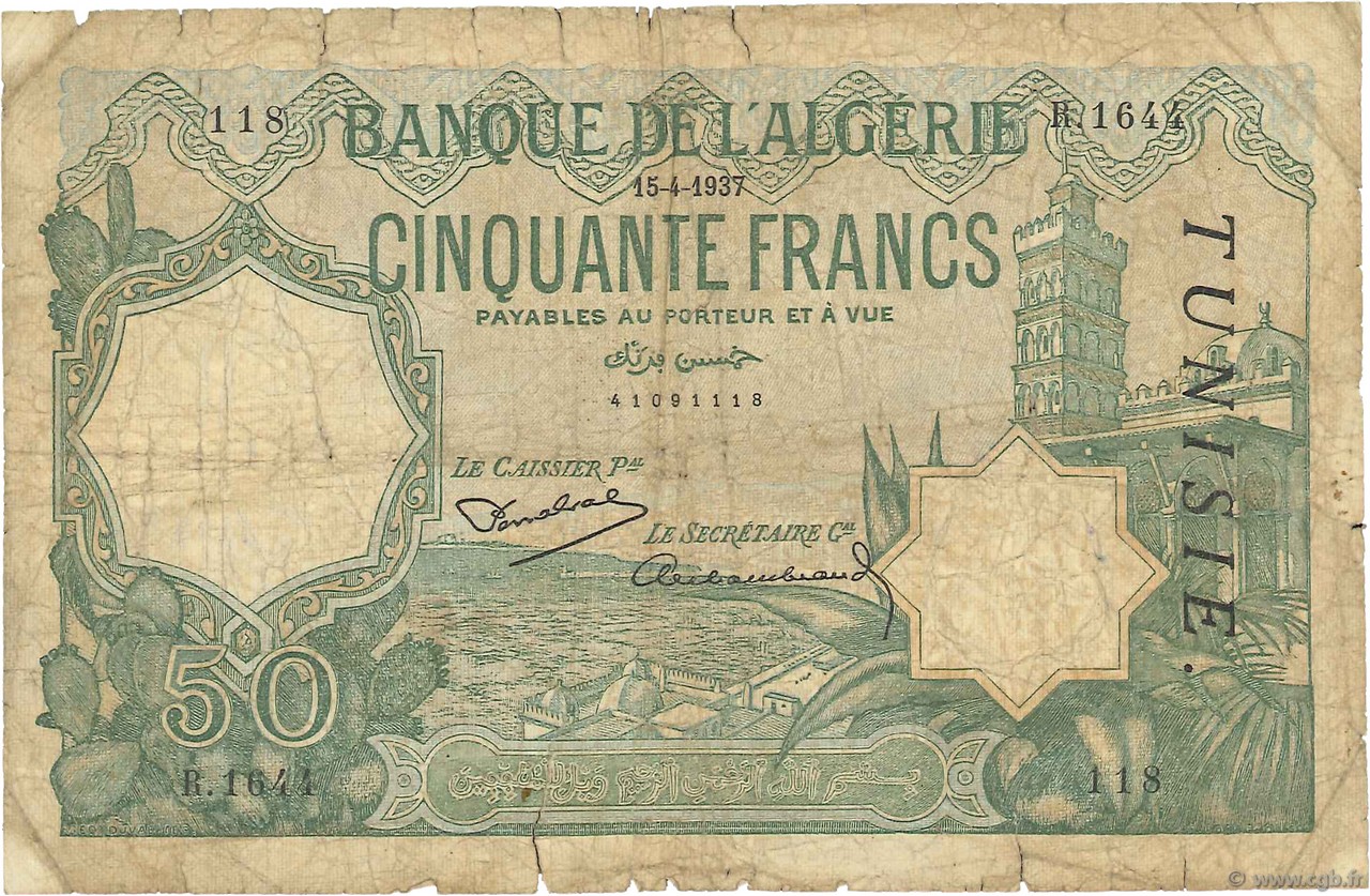 50 Francs TUNISIA  1937 P.09 G
