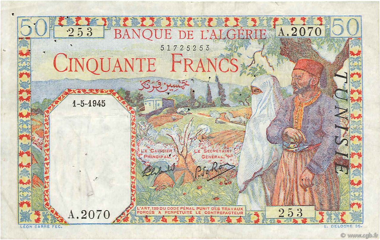 50 Francs TúNEZ  1945 P.12a MBC