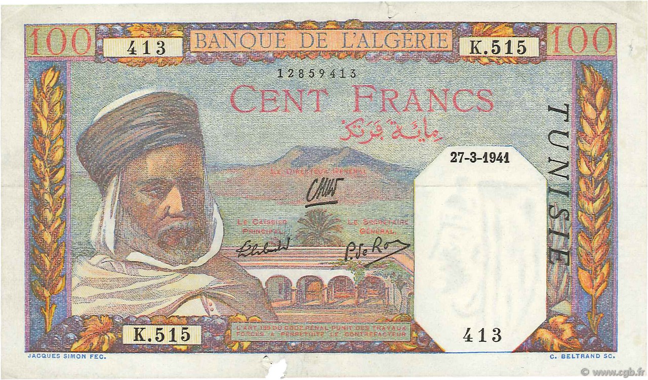 100 Francs TUNESIEN  1941 P.13a fVZ