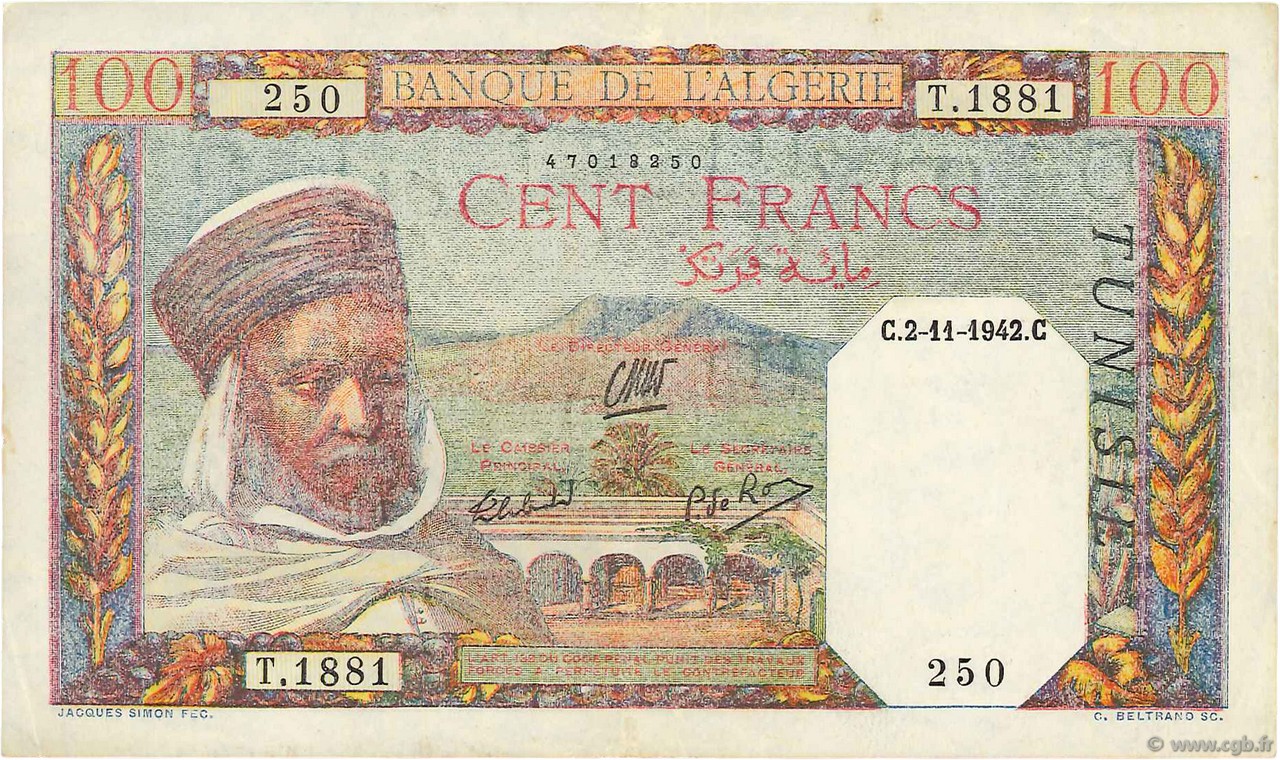 100 Francs TUNESIEN  1942 P.13b fVZ